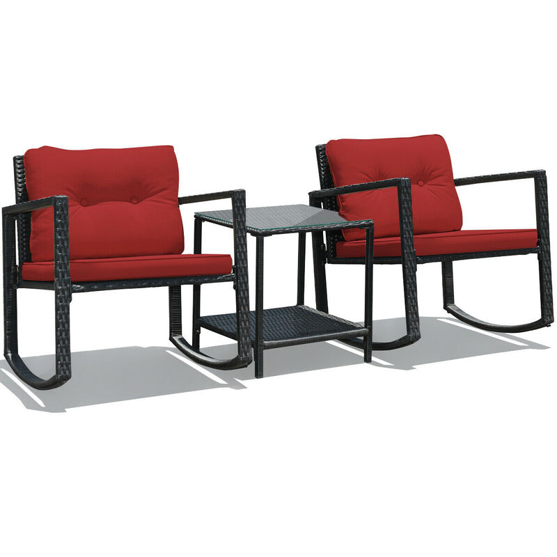 3 Pieces Cushioned Patio Rattan Set with Rocking Chair and Table-Red