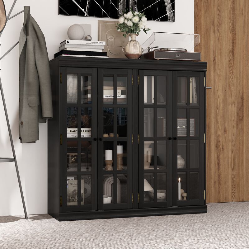 FUFU&GAGA Modern Black Glass Door Cabinet with Adjustable Shelves & Metal Handles (47.2" W x 15.7" D x 47.2" H), Black