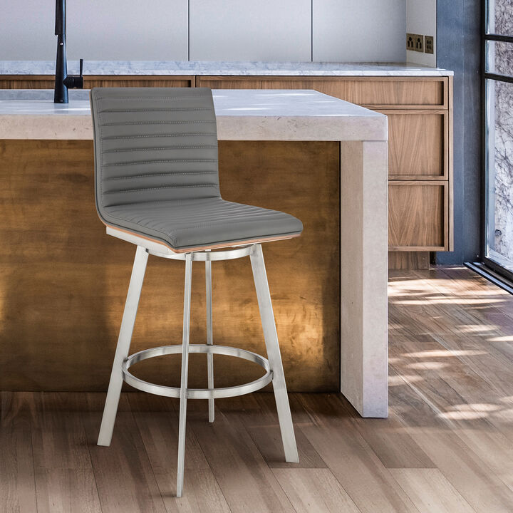Jermaine Bar Height Swivel Bar Stool in Brushed Stainless Steel Finish and Gray Faux Leather