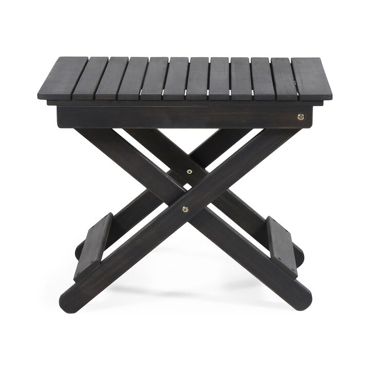 Kyre Outdoor Side Table, Foldable Slatted 23 Inch, Dark Gray Acacia Wood - Benzara