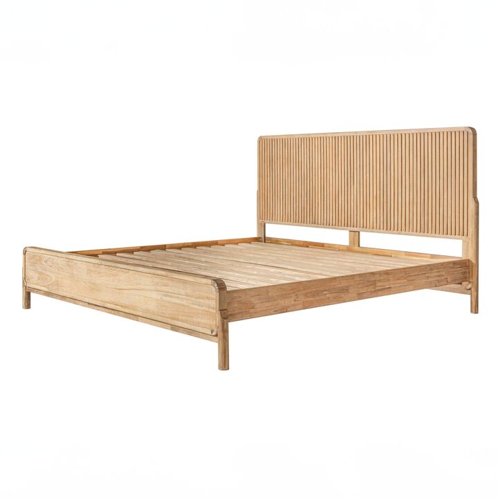 Cid Jima Platform King Bed, Horizontal Ribbed, Natural Brown Solid Wood - Benzara