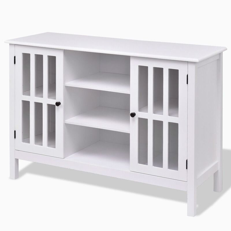 Hivvago White Wood Sofa Table Console Cabinet with Tempered Glass Panel Doors