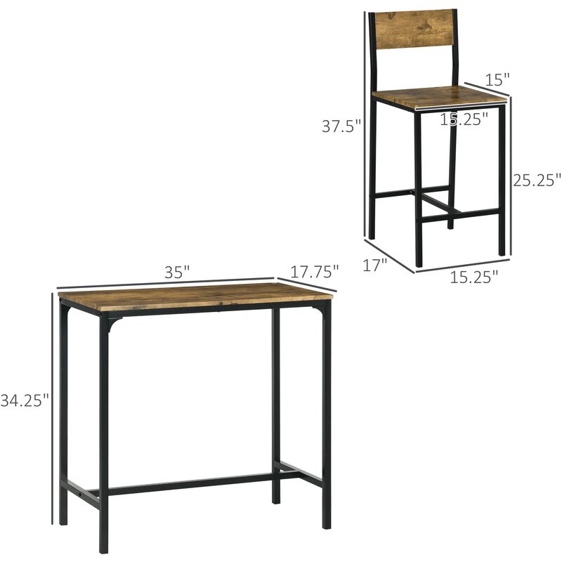 Industrial 3-Piece Pub Set: Counter Height, Rustic Brown, Space-Saving