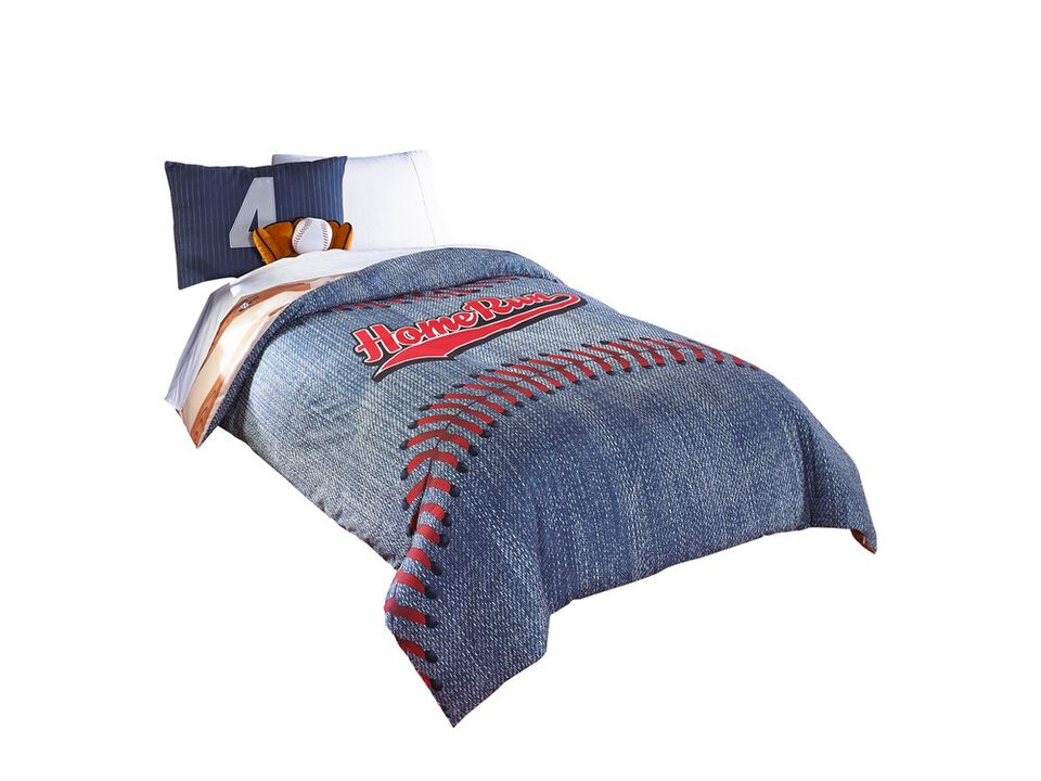 6 Piece Polyester Full Comforter Set with Baseball Inspired Print, Blue - Benzara