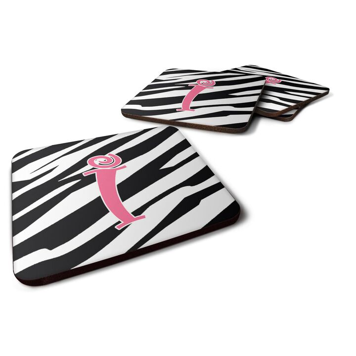 Caroline's Treasures CJ1037-IFC Monogram-Zebra Stripe and Pink Foam Coasters (Set of 4), Initial Letter I, 3.5 H x 3.5 W, Multicolor