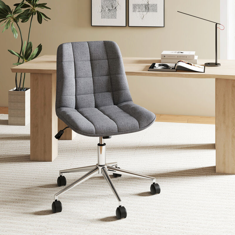 Armless Office Chair Upholstered Makeup Vanity Chair with Adjustable Height and Wheels