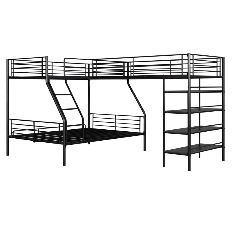 L-Shaped Twin over Full Bunk Bed for Kids with Twin Loft, Built-in Shelves, Full-Length Guardrail, Ladder, Black