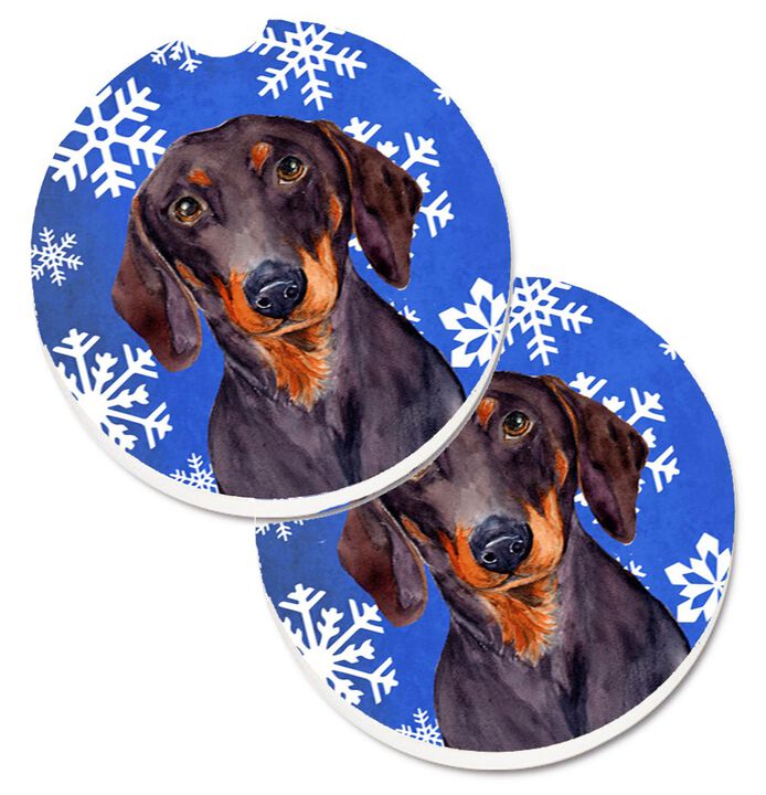 Caroline's Treasures Dachshund Winter Snowflakes Holiday Set of 2 Cup Holder Car Coasters LH9268CARC, 2.56, Multicolor