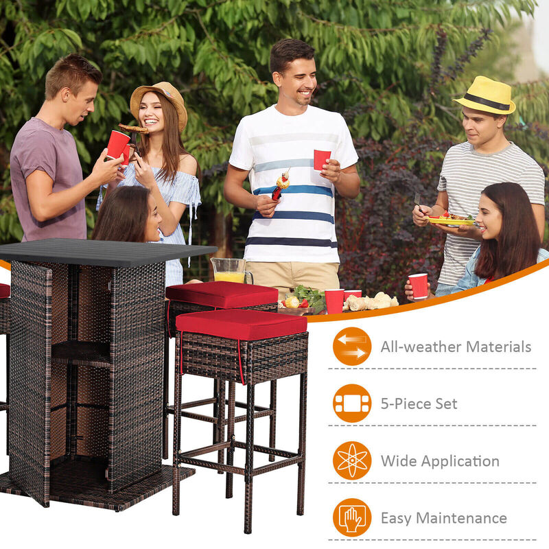 5 Pieces Patio Rattan Bar Furniture Set with Cushions and Hidden Storage Shelf