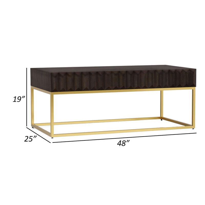 Bran 48 Inch Rectangular Coffee Table, Brown Wood, Gold Base, 2 Drawers-Benzara