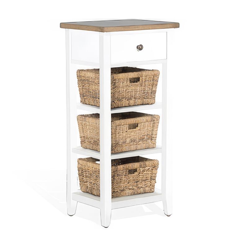 Livy Storage Rack End Table with 3 Natural Brown Rattan Baskets, White - Benzara