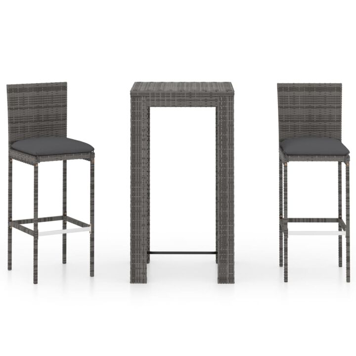 vidaXL 3 Piece Outdoor Bar Set with Cushions Poly Rattan Gray