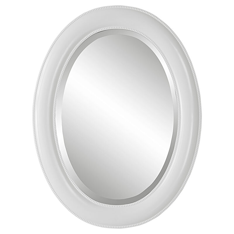 29 Inch Wood Wall Mirror, Beaded Oval Shape, White-Benzara