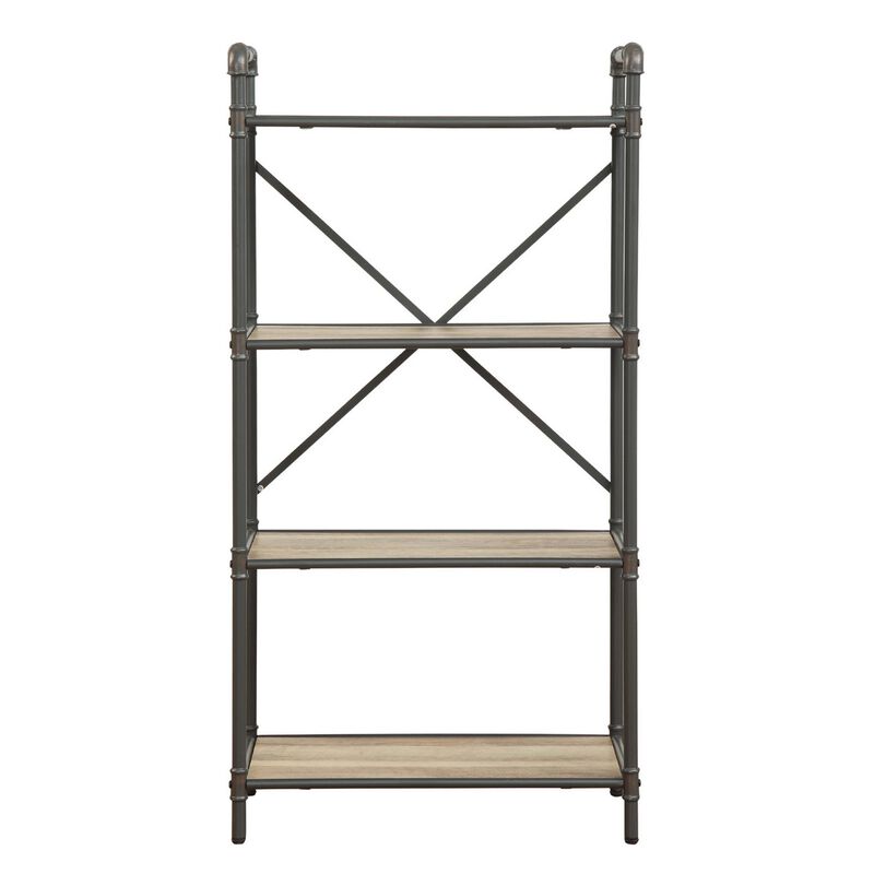 Three Tier Metal Bookshelf With Wooden Shelves, Oak Brown & Gray-Benzara
