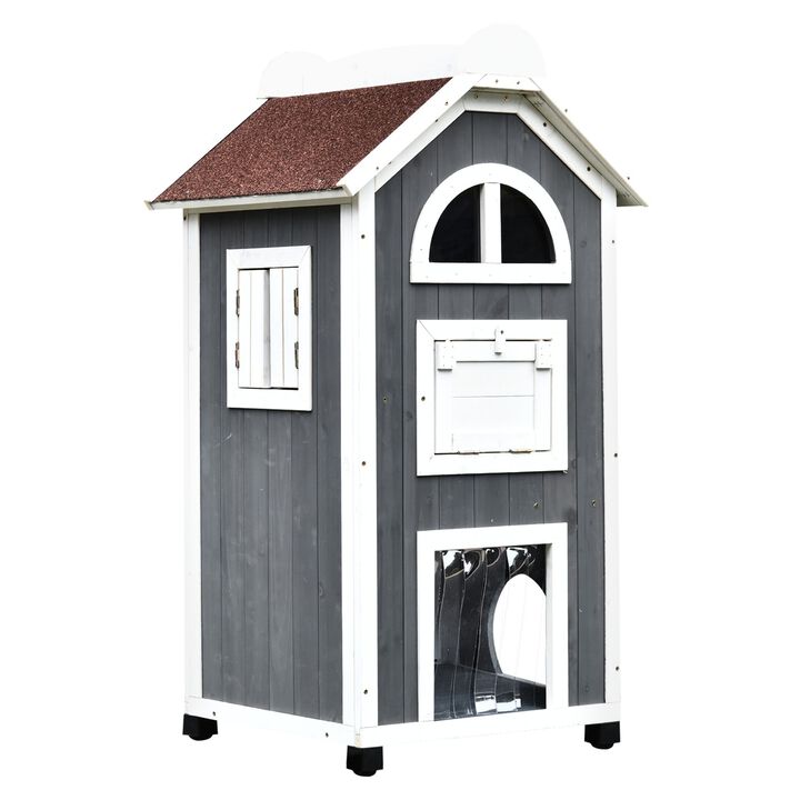 Grey/White Cat Castle: 43H 3-Floor Outdoor Wooden Kitten Condo