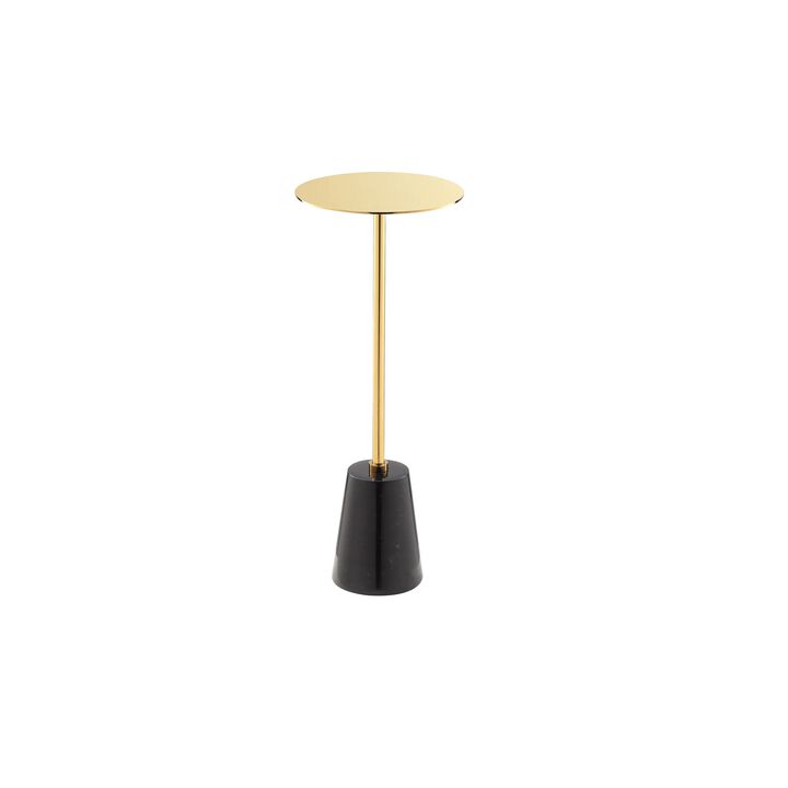 Sen Side End Drink Table, Gold Metal Round Top w Black Marble Base - Benzara