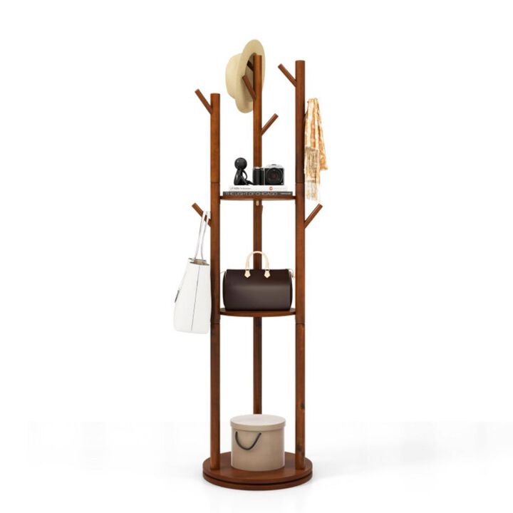 Hivvago Freestanding Wooden Coat Tree with 3 Display Storage Shelves and 9 Hooks