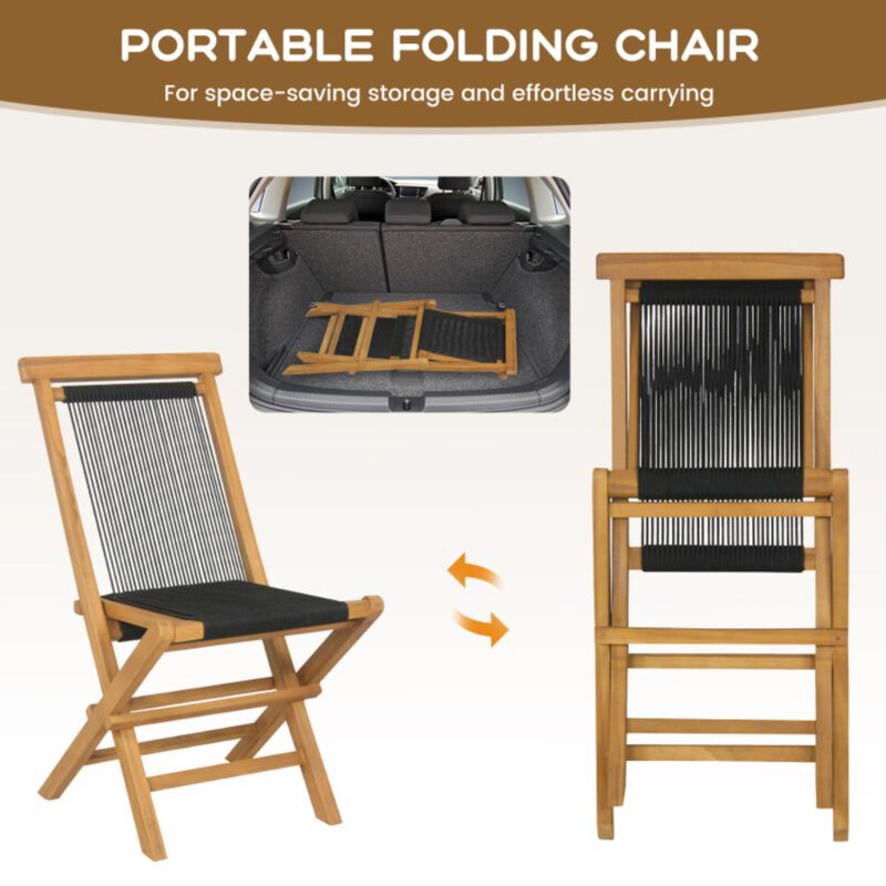 Hivvago 2 Piece Patio Folding Chairs with Woven Rope Seat and Back for Porch Backyard Poolside
