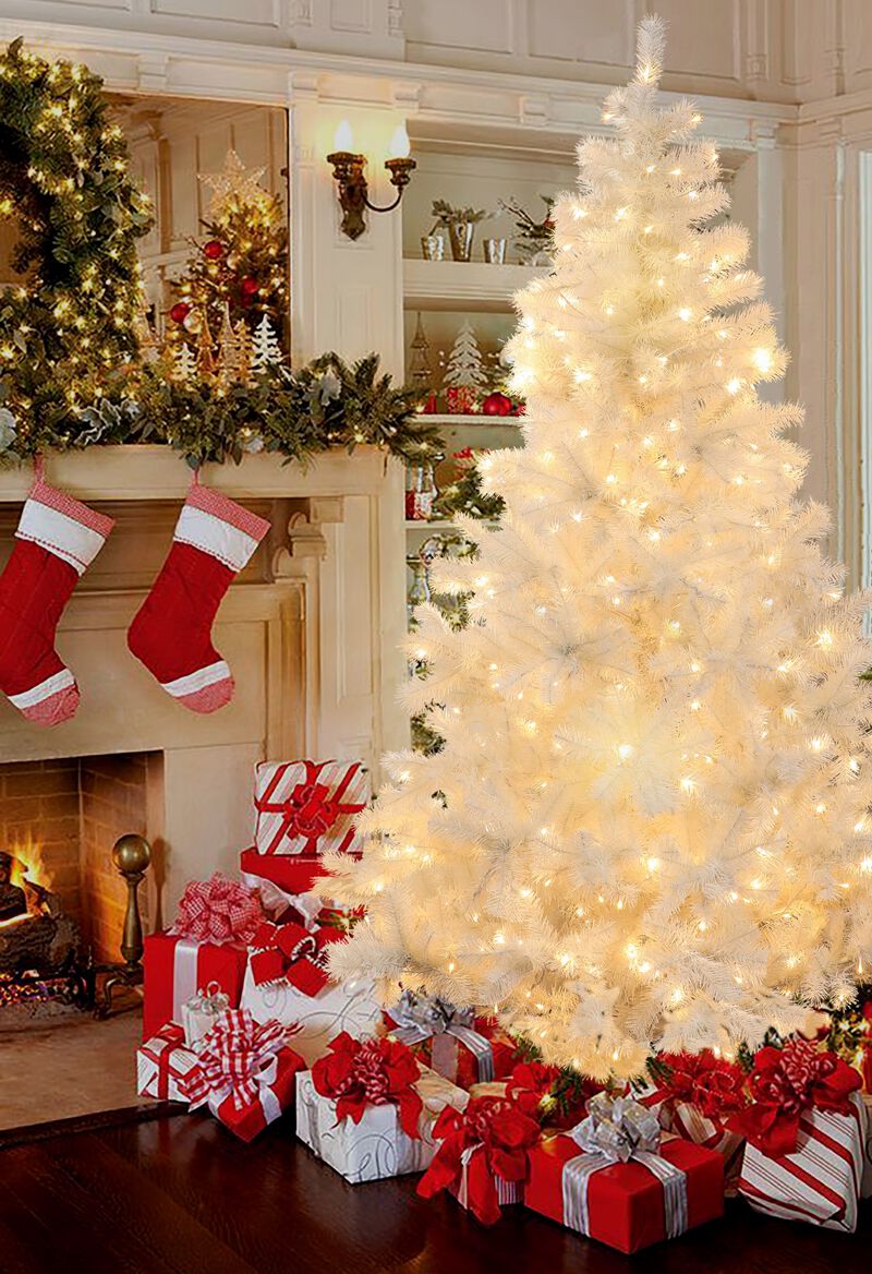 LuxenHome 7ft Pre-Lit LED Artificial White Full Fir Christmas Tree