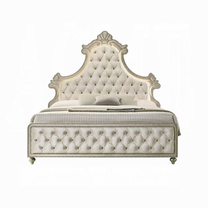 Willa Queen Size Bed, LED Lights, Beige Velvet Upholstery, Brown Wood - Benzara