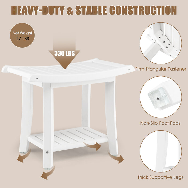 Heavy Duty Waterproof Bath Stool with Curved Seat and Storage Shelf