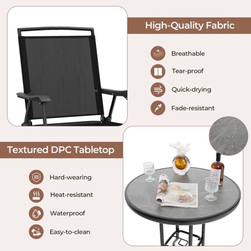Hivvago 3 Pieces Outdoor Bar Stool Set with DPC Tabletop and Umbrella Hole for Poolside