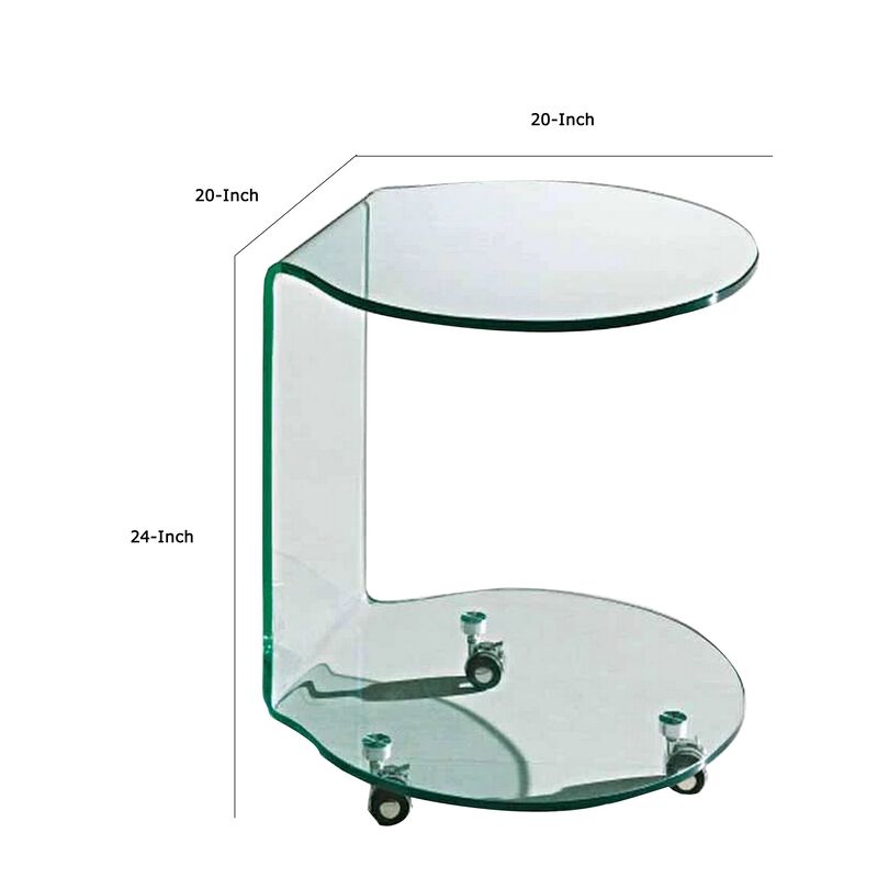 24 Inch Curved Glass End Table, Cylindrical Design, Caster Wheels, Clear - Benzara