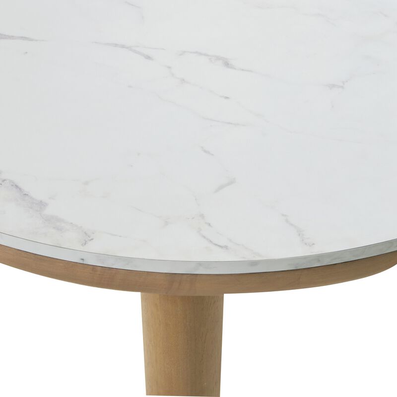 Awdyn Dining Table, 45 Inch Round White Marble Top, Brown Wood Legs - Benzara