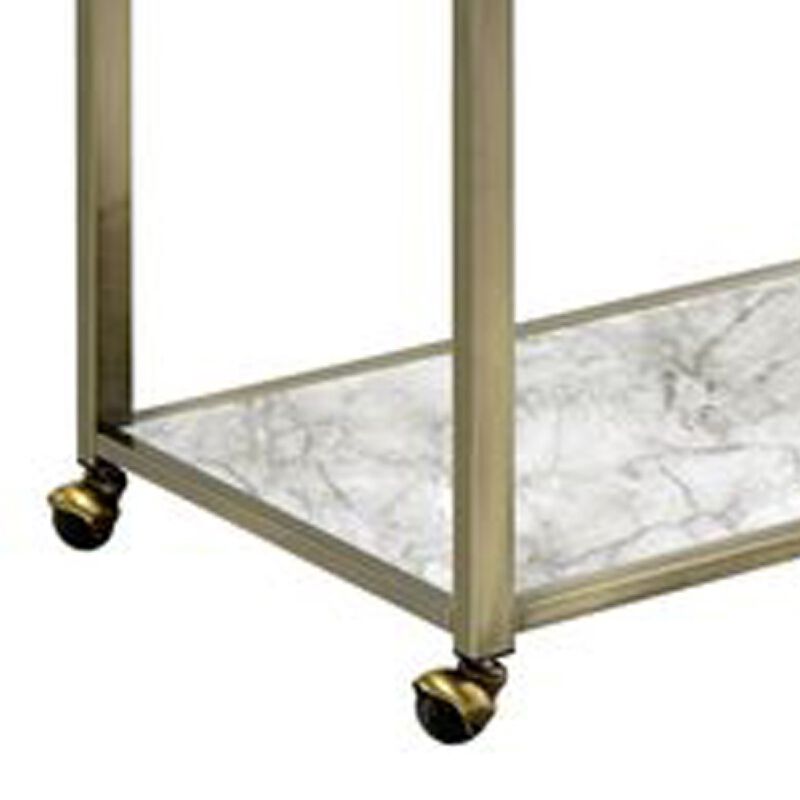 2 Tier Serving Cart with Faux Marble and Metal Frame, Silver-Benzara