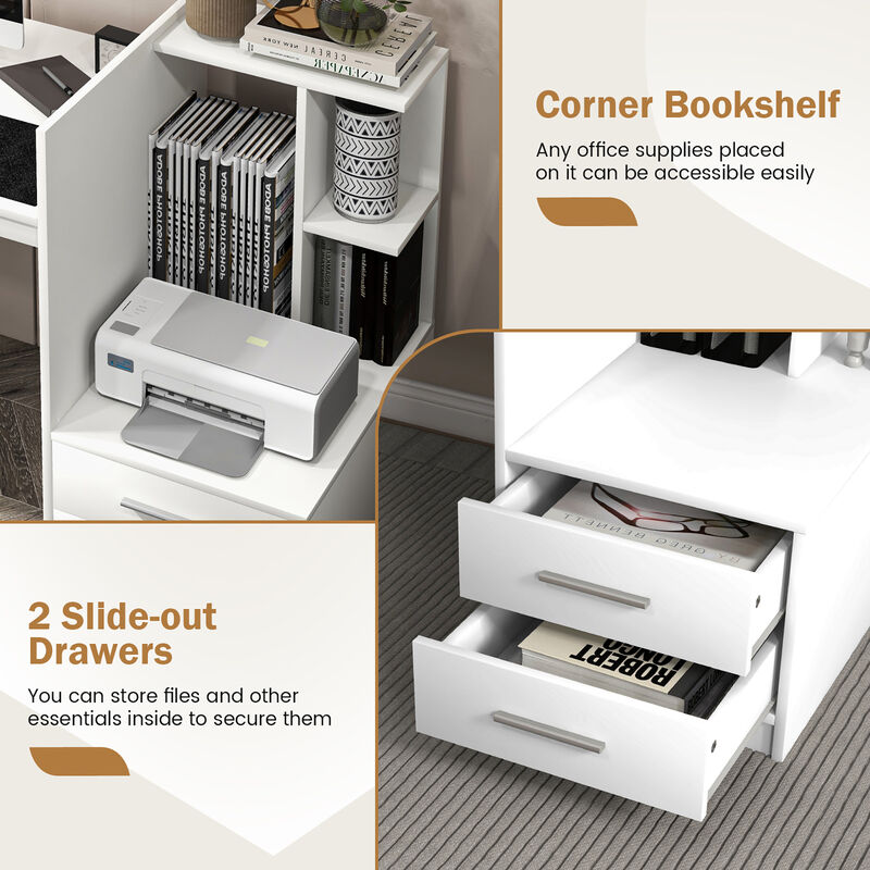 Costway Computer Desk Laptop Table Writing Study Desk Home Office with Bookshelf & Drawers