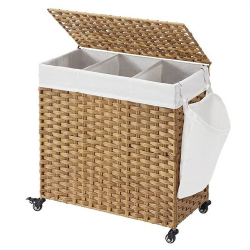 Handwoven PP Rattan 3-Bag Laundry Basket Cart with Cotton Liner on Wheels