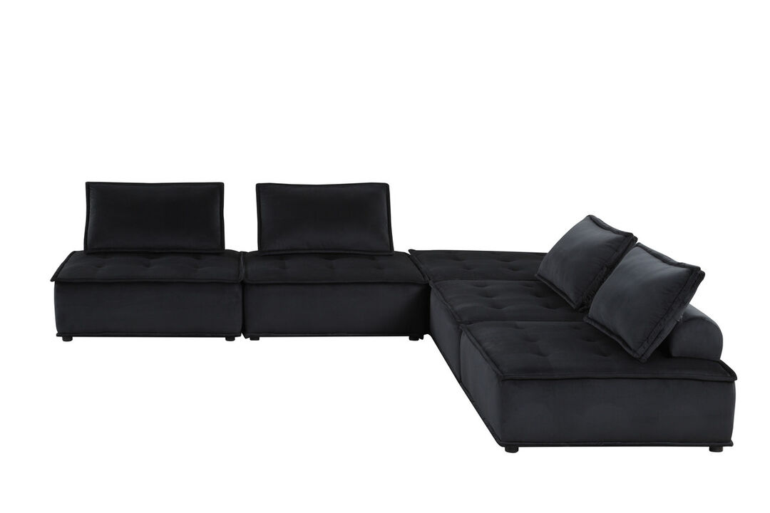 Alaya 5pc Foam Modular Sectional Sofa with Ottoman, Black Velvet Upholstery-Benzara