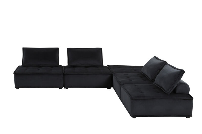 Alaya 5pc Foam Modular Sectional Sofa with Ottoman, Black Velvet Upholstery-Benzara