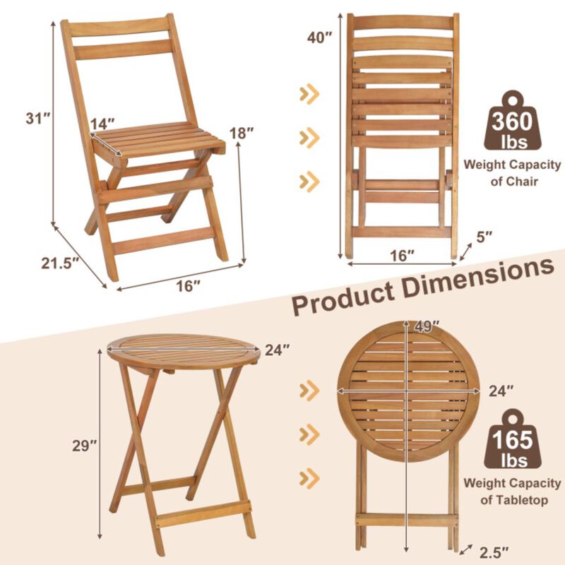 Hivvago 3 Pieces Folding Patio Bistro Set with Slatted Tabletop