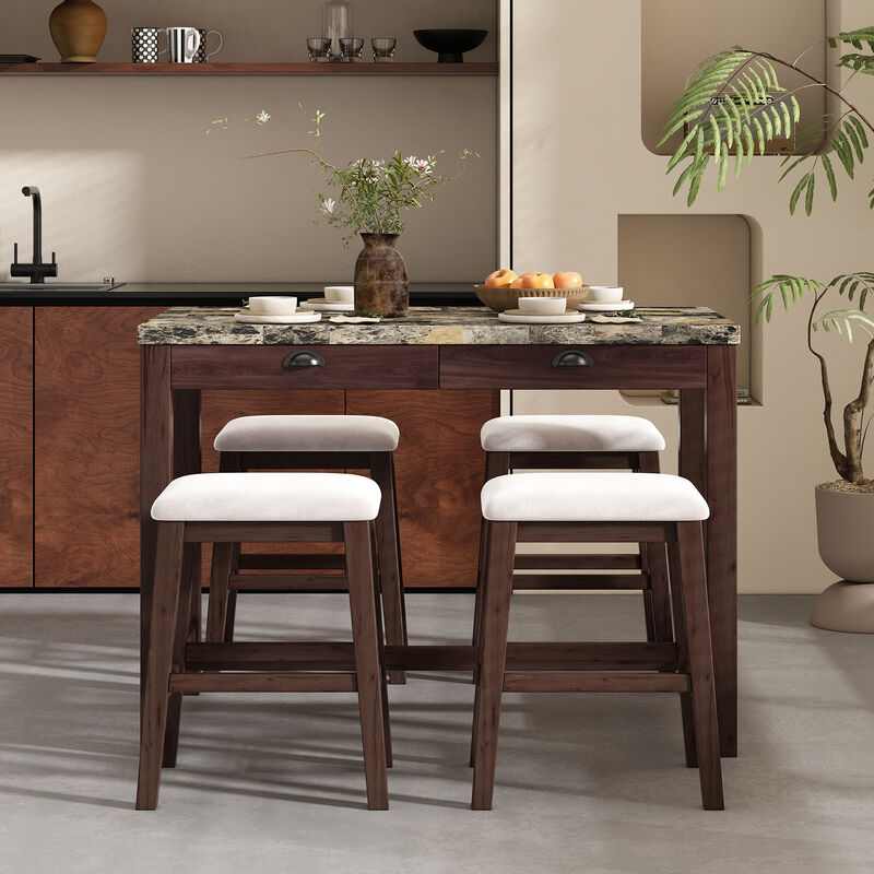 Merax 5-Piece Modern Faux Marble  Bar Table Dining Set