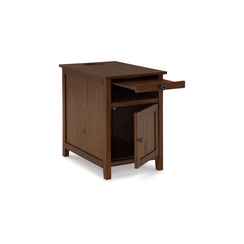 Gena Side End Table, Shelf and Pull Out Tray, Brown Solid Wood 24 Inch - Benzara