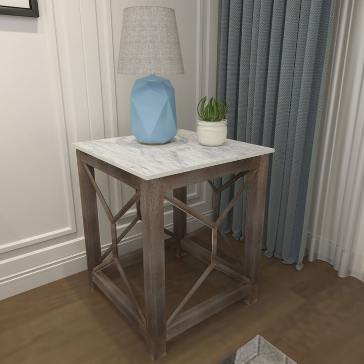 Agas Side End Table, 22 Inch Square White Genuine Marble Top, Sandblasted Washed Ash Gray Mango Wood Geometric Frame