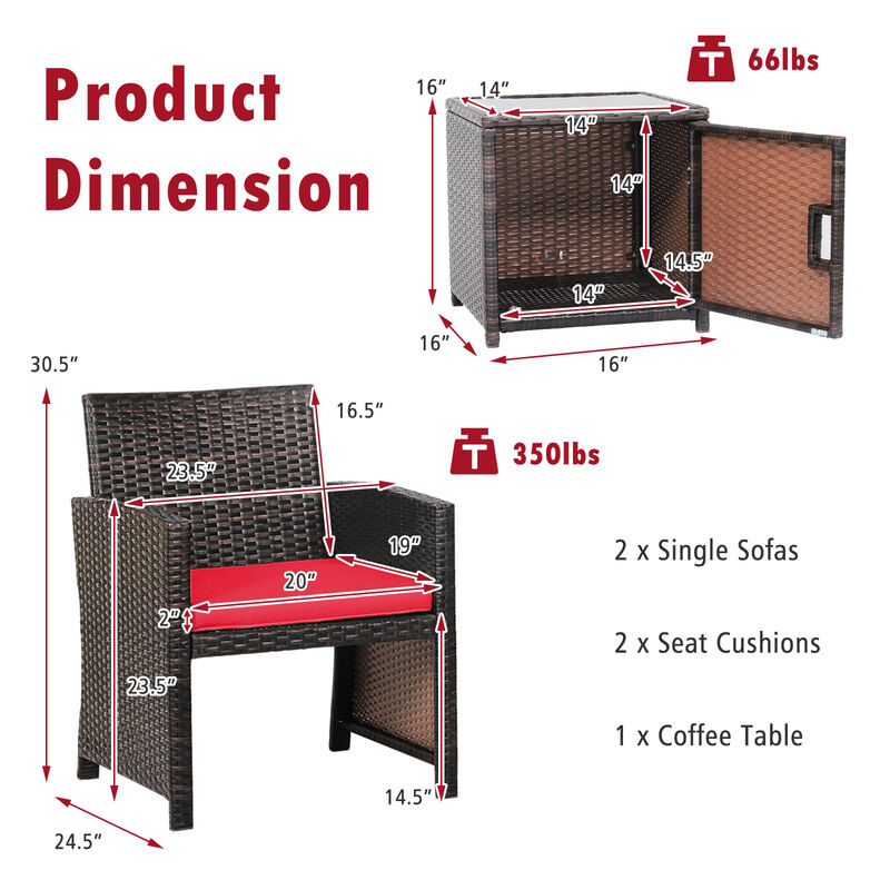 3-Piece Patio Wicker Furniture Set with Storage Table and Protective Cover - Red