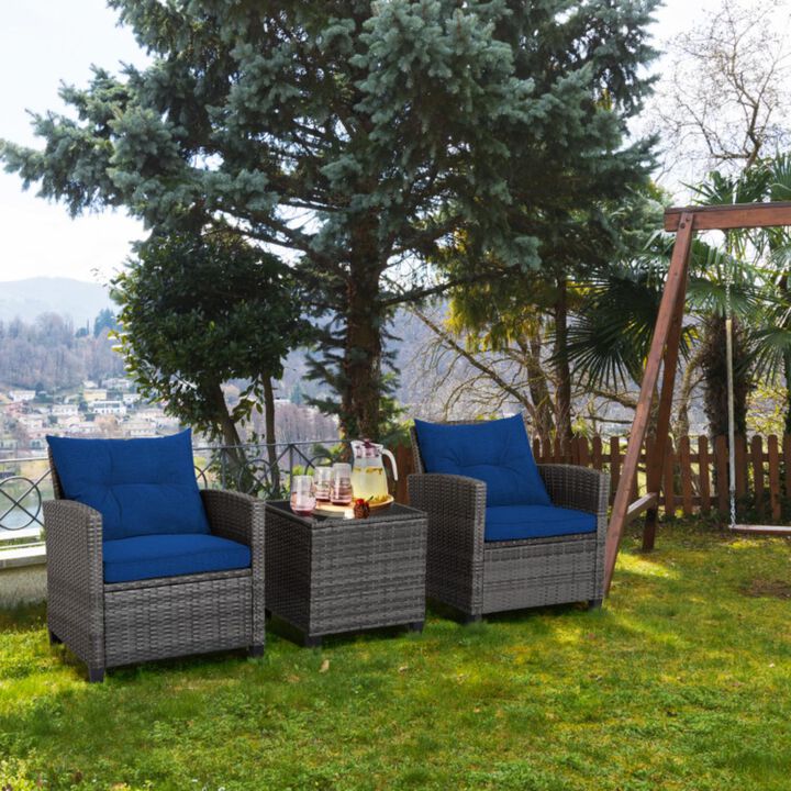 Hivvago 3 Pieces Outdoor Wicker Conversation Set with Tempered Glass Tabletop