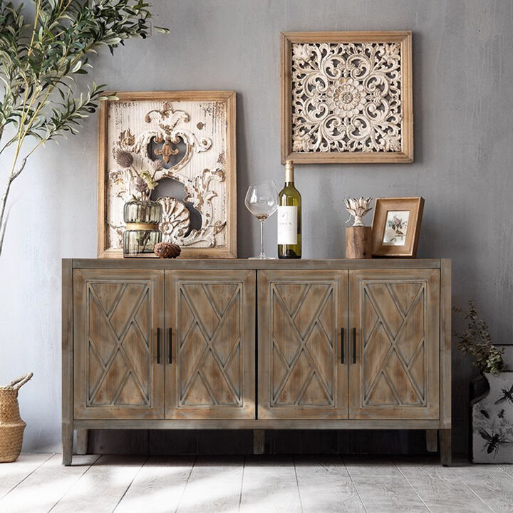4-Door Wooden Twill Sideboard for Living Room, Dining Room, or Entryway