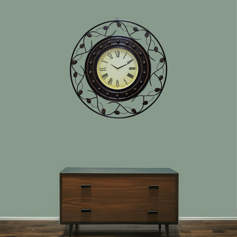 Vintage Roman Numerical 36 in Wall Clock with Elegant Black Metal Leaf Design Frame - for Dining, Living Room, or Kitchen - Antique Style, Large Numbers, Unique Wall Art, Traditional Clock