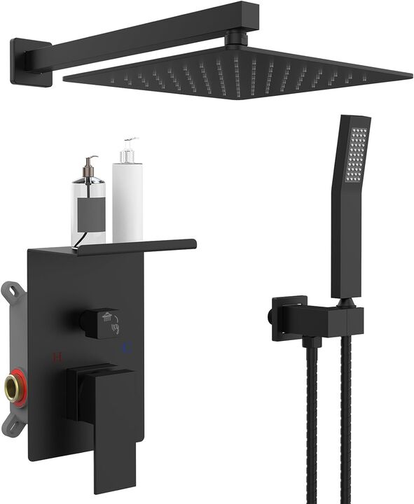 Rainfall Shower System with Storage Shelf High-Pressure Shower Head & Handheld Combo