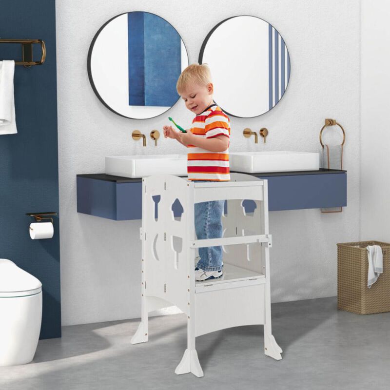 Hivvago Folding Wooden Step Stool with Lockable Safety Rail for Toddler 3+