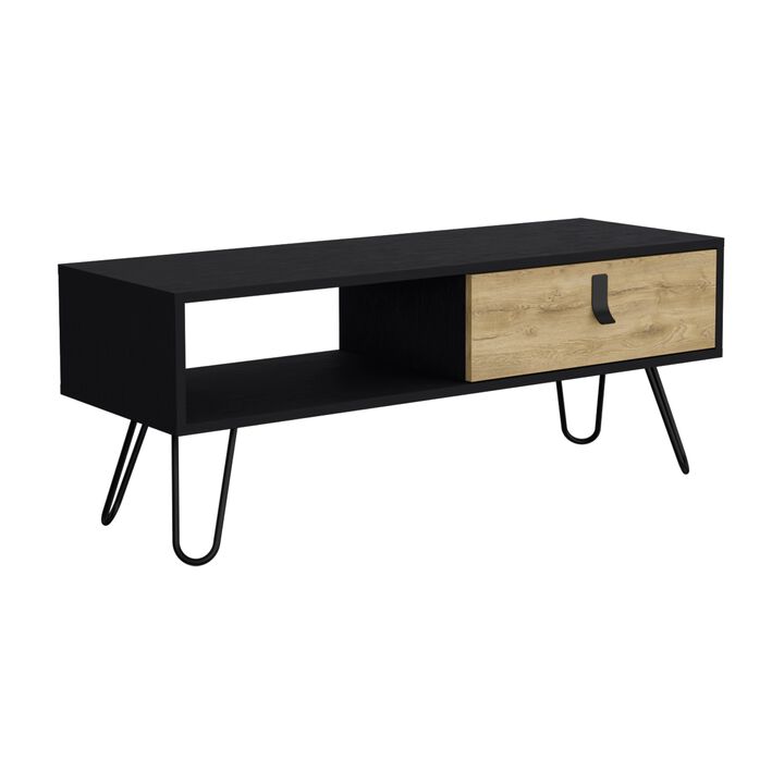 Huna Coffee Table with Hairpin Legs and Ample Storage Drawer-Black / Macadamia