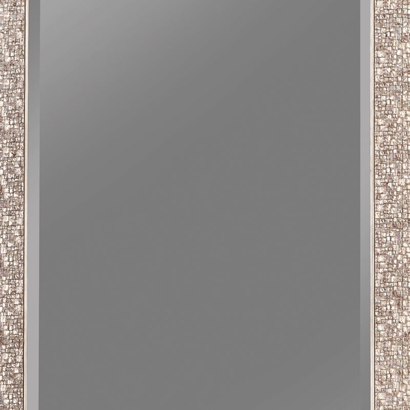 Rectangular Beveled Accent Floor Mirror with Glitter Mosaic Pattern, Silver-Benzara