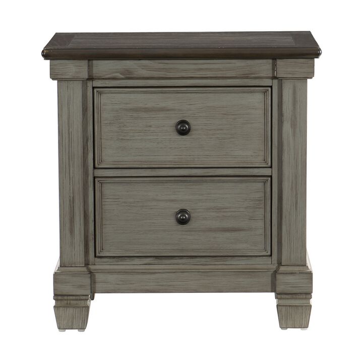 Cadie 29 Inch Nightstand, 2 Drawers, Coffee Brown, Antique Gray Wood - Benzara