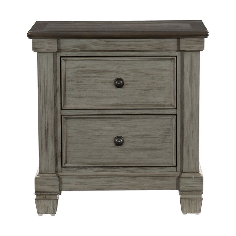 Cadie 29 Inch Nightstand, 2 Drawers, Coffee Brown, Antique Gray Wood - Benzara