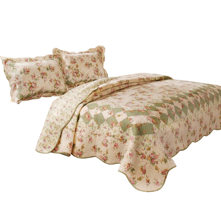 Denali 3 Piece Fabric King Size Quilt Set with Floral Prints, Multicolor - Benzara
