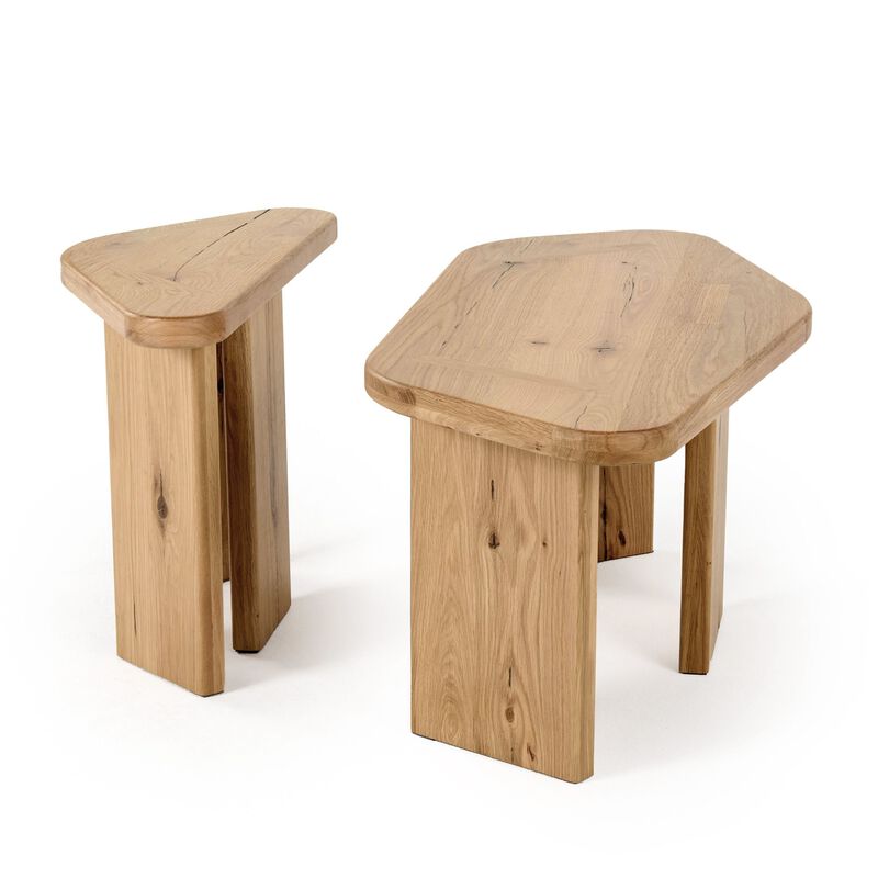 Cid Kirk Coffee Table Set of 2, Freeform Shape, Natural Oak Wood Frame - Benzara