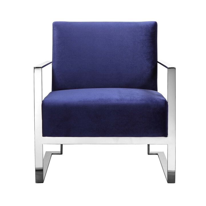 Boly 28 Inch Lounge Chair, Navy Velvet, Foam Cushions, Chrome Steel Base - Benzara